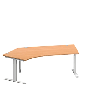 Schäfer Shop Genius escritorio angular MODENA FLEX, ángulo de 135° a la izquierda, tubo rectangular con pie en T, An 2165 x Pr 800/800 x Al 650-850 mm, haya/alu blanco