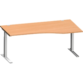 Schäfer Shop Genius escritorio de forma libre MODENA FLEX, tubo rectangular con pie en C, ancho 1800 mm, fijación a la derecha, haya/aluminio blanco