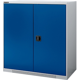 Schäfer Shop Genius Flügeltürschrank FS, Stahl, mit Belüftungslöchern, B 1055 x T 420 x H 1105 mm, 3 OH, weissaluminium/enzianblau, bis 450 kg