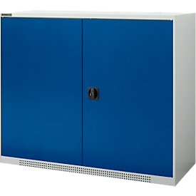 Schäfer Shop Genius Flügeltürschrank FS, Stahl, mit Belüftungslöchern, B 1343 x T 420 x H 1105 mm, 3 OH, lichtgrau/enzianblau, bis 450 kg