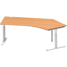 Schäfer Shop Genius hoekbureau MODENA FLEX 135°, T-poot ronde buis, B 2165 mm, bevestiging rechts, beuken/wit aluminium