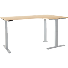 Schäfer Shop Genius hoekbureau Modena Flex, elektrisch in hoogte verstelbaar, hoek 90°, T-voet, B 2000 mm, ahorn/wit aluminium