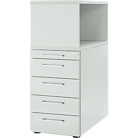 Schäfer Shop Genius Hoog ladeblok met open kast, afsluitbaar, B 435 x D 800 x H 1092 mm, met vierkante handgreep, lichtgrijs/blank aluminium