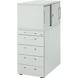 Schäfer Shop Genius Hoog ladeblok met opzetkast met schuifdeuren, afsluitbaar, B 435 x D 800 x H 1092 mm, met vierkante handgreep, lichtgrijs/lichtgrijs