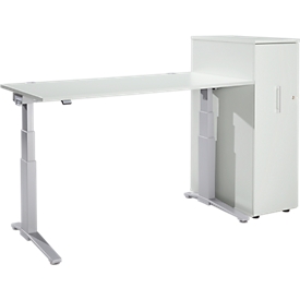 Schäfer Shop Genius Juego de muebles de oficina de 2 piezas, escritorio ERGOSTYLE, regulable en altura eléctricamente, aluminio gris claro/blanco + pedestal alto con cajón vertical