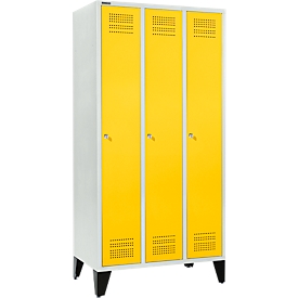 Schäfer Shop Genius Kleiderspind mit Füßen, 3 Abteile, 300 mm Abteilbreite, Zylinderschloss, lichtgrau/rapsgelb