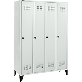 Schäfer Shop Genius Kleiderspind mit Füssen, 4 Abteile, 300 mm Abteilbreite, Drehriegelverschluss, lichtgrau