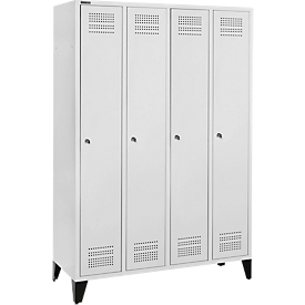 Schäfer Shop Genius Kleiderspind mit Füssen, 4 Abteile, 300 mm Abteilbreite, Zylinderschloss, lichtgrau