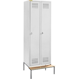 Schäfer Shop Genius Kleiderspind mit Sitzbank, 2 Abteile, 300 mm Abteilbreite, Sicherheitsdrehriegelverschluss, lichtgrau