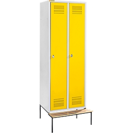 Schäfer Shop Genius Kleiderspind mit Sitzbank, 2 Abteile, 300 mm Abteilbreite, Sicherheitsdrehriegelverschluss, lichtgrau/rapsgelb