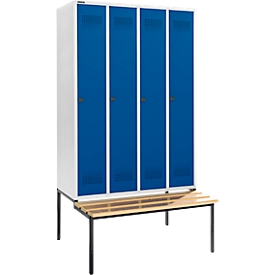 Schäfer Shop Genius Kleiderspind mit Sitzbank, 4 Abteile, 300 mm Abteilbreite, Sicherheitsdrehriegelverschluss, lichtgrau/enzianblau