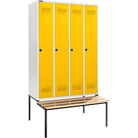 Schäfer Shop Genius Kleiderspind mit Sitzbank, 4 Abteile, 300 mm Abteilbreite, Sicherheitsdrehriegelverschluss, lichtgrau/gelb