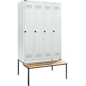 Schäfer Shop Genius Kleiderspind mit Sitzbank, 4 Abteile, 300 mm Abteilbreite, Sicherheitsdrehriegelverschluss, lichtgrau/lichtgrau