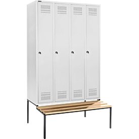Schäfer Shop Genius Kleiderspind mit Sitzbank, 4 Abteile, 300 mm Abteilbreite, Zylinderschloss, lichtgrau/lichtgrau