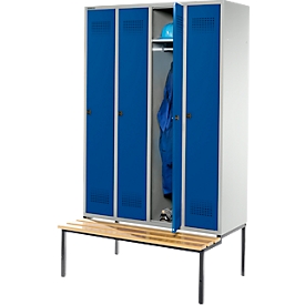 Schäfer Shop Genius Kleiderspind mit Sitzbank, 4 Abteile, Sicherheitsdrehriegelverschluss, lichtgrau/enzianblau
