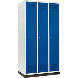 Schäfer Shop Genius Kleiderspind mit Sockel, 3 Abteile, 300 mm Abteilbreite, Zylinderschloss, enzianblau