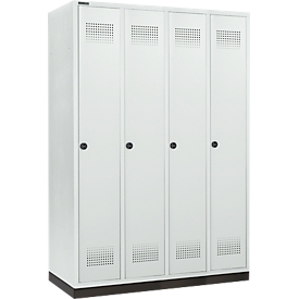Schäfer Shop Genius Kleiderspind mit Sockel, 4 Abteile, 300 mm Abteilbreite, Drehriegelverschluss, lichtgrau
