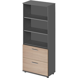 Schäfer Shop Genius Kombischrank TETRIS WOOD, 5 OH, H 1910 mm, 2 Hängeregistraturauszüge, Höhe inkl. Gleiter, graphit/Eiche