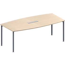 Schäfer Shop Genius Konferenztisch MODENA FLEX, 6-fach Tischanschlussfeld, Boot, 4-Fuß Rundrohr, B 2000 x H 720-840 mm, Ahorn/weißaluminium RAL 9006