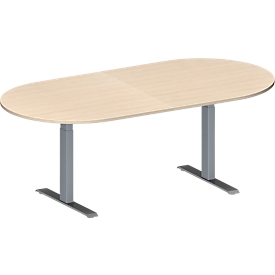 Schäfer Shop Genius Konferenztisch MODENA FLEX, Oval, T-Fuß Rechteckrohr, B 2000 x T 1000 x H 650-850 mm, Ahorn/weißaluminium RAL 9006