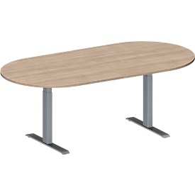 Schäfer Shop Genius Konferenztisch MODENA FLEX, Oval, T-Fuß Rechteckrohr, B 2000 x T 1000 x H 650-850 mm, Eiche-Dekor/weißaluminium RAL 9006