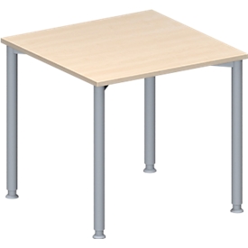 Schäfer Shop Genius Konferenztisch MODENA FLEX, Quadrat, 4-Fuss Rundrohr, B 800 x T 800 x H 720-840 mm, Ahorn/weissaluminium RAL 9006 