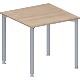 Schäfer Shop Genius Konferenztisch MODENA FLEX, Quadrat, 4-Fuß Rundrohr, B 800 x T 800 x H 720-840 mm, Eiche-Dekor/weißaluminium RAL 9006