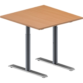 Schäfer Shop Genius Konferenztisch MODENA FLEX, Quadrat, T-Fuß Rundrohr, B 800 x T 800 x H 650-850 mm, Buche/weißaluminium RAL 9006