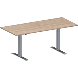 Schäfer Shop Genius Konferenztisch MODENA FLEX, Rechteck, T-Fuß Rechteckrohr, B 1800 x T 800 x H 650-850 mm, Eiche-Dekor/weißaluminium RAL 9006