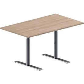 Schäfer Shop Genius Konferenztisch MODENA FLEX, Rechteck, T-Fuß Rundrohr, B 1400 x T 800 x H 650-850 mm, Eiche-Dekor/weißaluminium RAL 9006