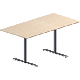 Schäfer Shop Genius Konferenztisch MODENA FLEX, Rechteck, T-Fuss Rundrohr, B 1600 x T 800 x H 650-850 mm, Ahorn/weissaluminium RAL 9006 