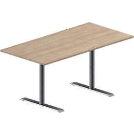 Schäfer Shop Genius Konferenztisch MODENA FLEX, Rechteck, T-Fuss Rundrohr, B 1600 x T 800 x H 650-850 mm, Eiche-Dekor/weissaluminium RAL 9006