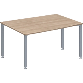Schäfer Shop Genius Konferenztisch MODENA FLEX, Tonne, 4-Fuss Quadratrohr, B 1400 x T 1000/800 x H 720-840 mm, Eiche Dekor/weissaluminium RAL 9006