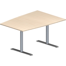 Schäfer Shop Genius Konferenztisch MODENA FLEX, Tonne, T-Fuß Rundrohr, B 1400 x T 1000 x H 650-850 mm, Ahorn/weißaluminium RAL 9006 