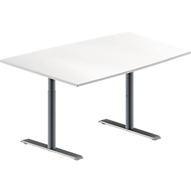 Schäfer Shop Genius Konferenztisch MODENA FLEX, Tonne, T-Fuß Rundrohr, B 1400 x T 1000 x H 650-850 mm, weiß/weißaluminium RAL 9006 