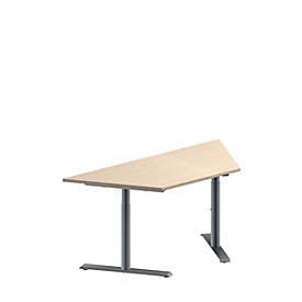 Schäfer Shop Genius Konferenztisch MODENA FLEX, Trapez, T-Fuss Rundrohr, B 1600 x T 800 x H 650-850 mm, Ahorn/weissaluminium RAL 9006 