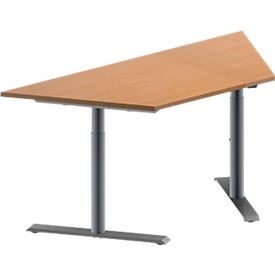 Schäfer Shop Genius Konferenztisch MODENA FLEX, Trapez, T-Fuss Rundrohr, B 1600 x T 800 x H 650-850 mm, Buche/weissaluminium RAL 9006 