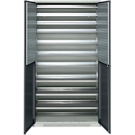 Schäfer Shop Genius Magazinschrank FS, 5 OH, abschliessbar, 10 Fachböden, 2 Lochrasterplatten, bis 450 kg, B 1055 x T 520 x H 1950 mm, lichtgrau/anthrazitgrau