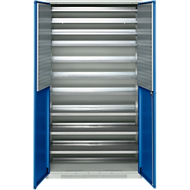 Schäfer Shop Genius Magazinschrank FS, 5 OH, abschliessbar, 10 Fachböden, 2 Lochrasterplatten, bis 450 kg, B 1055 x T 520 x H 1950 mm, lichtgrau/enzianblau