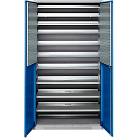 Schäfer Shop Genius Magazinschrank FS, 5 OH, abschließbar, 10 Fachböden, 2 Lochrasterplatten, bis 450 kg, B 1055 x T 520 x H 1950 mm, weißalu/enzianblau
