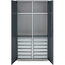 Schäfer Shop Genius materiaalkast FS, 5 OH, afsluitbaar, 4 legborden/12 laden, tot 450 kg, B 1055 x D 520 x H 1950 mm, staal, witaluminium/antracietgrijs