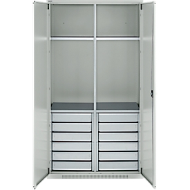 Schäfer Shop Genius material cabinet FS, 5 OH, lockable, 4 shelves/12 drawers, up to 450 kg, W 1055 x D 520 x H 1950 mm, steel, light gray/light gray