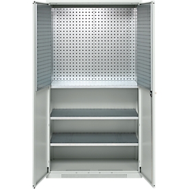 Schäfer Shop Genius material cabinet FS, 5 OH, lockable, perforated grid walls/3 shelves, up to 450 kg, W 1055 x D 520 x H 1950 mm, light gray/light gray
