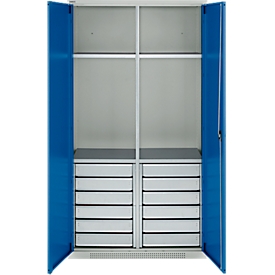 Schäfer Shop Genius Materialschrank FS, 5 OH, abschliessbar, 4 Fachböden/12 Schübe, bis 450 kg, B 1055 x T 520 x H 1950 mm, Stahl, lichtgrau/enzianblau