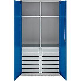 Schäfer Shop Genius Materialschrank FS, 5 OH, abschließbar, 4 Fachböden/12 Schübe, bis 450 kg, B 1055 x T 520 x H 1950 mm, Stahl, weißalu/enzianblau