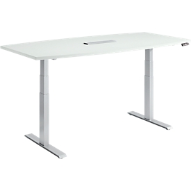 Schäfer Shop Genius Mesa de conferencias MODENA FLEX, conexión de 6 vías, regulable eléctricamente en altura, barco, pie en T, ancho 2000 x alto 645-1290 mm, aluminio gris claro/blanco + panel de memoria