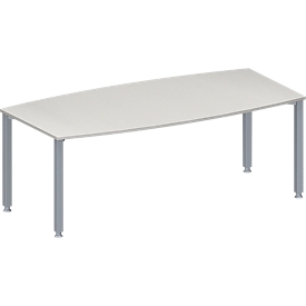 Schäfer Shop Genius Mesa de reuniones MODENA FLEX, ajustable en altura, forma de barca, 4 patas de tubo cuadrado, An 2000 x P 1000/800 mm, sin cuadro de conexión, gris luminoso