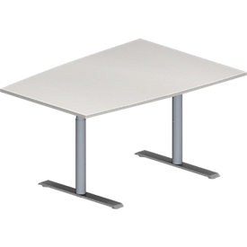 Schäfer Shop Genius Mesa de reuniones MODENA FLEX, ajustable en altura, forma de tonel, pata en T de tubo redondo, An 1400 x P 1000 mm, gris luminoso