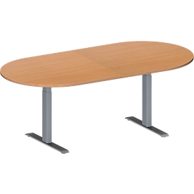 Schäfer Shop Genius Mesa de reuniones MODENA FLEX, ajustable en altura, sin cuadro de conexión, forma ovalada, pata en T de tubo rectangular, An 2000 x P 1000 mm, acabado en haya