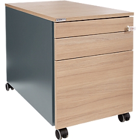 Schäfer Shop Genius mobiele sokkel 126, 1 lade, 1 lade voor keukengerei, 1 lade voor hangmappen, centrale vergrendeling, greepgleuf aan de zijkant, B 435 x D 765 x H 577 mm, antraciet/eiken decor